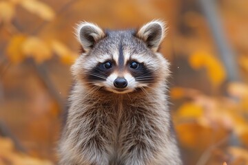 Captivating image highlighting an adorable raccoon against a blurred autumn leaf background, eyes glistening - Powered by Adobe