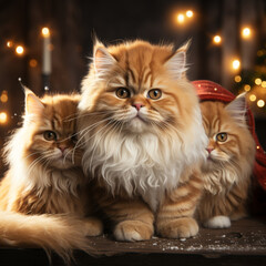 Golden Glow: Persian Cat Trio Basks in the Warmth of Christmas Lights