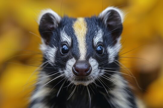 Intense close-up detailing the striking features of a marbled polecat with a vibrant yellow autumn leaf background