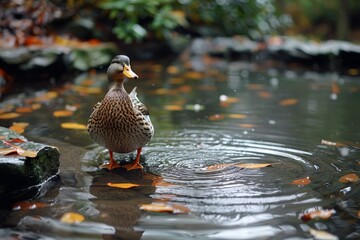 Fototapeta premium A stunning mallard duck stands in a pond with a reflection of autumn leaves, emanating calm and beauty of seasonal change