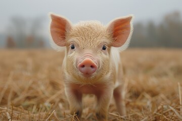 A small piglet standing boldly on a field, gazing with big expressive eyes, depicting farm life and animal charm