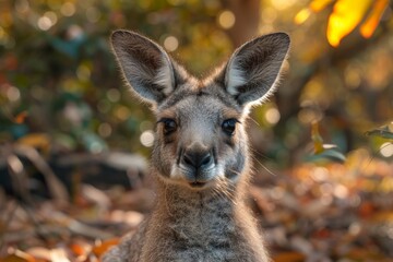 A mesmerizing close-up shot capturing the intricate details of a kangaroo's face against a bokeh of warm foliage