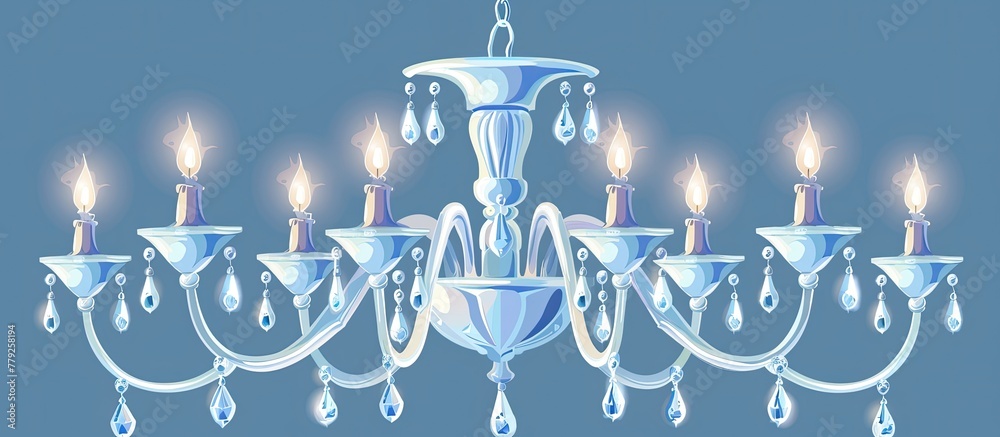 Sticker a symmetrical chandelier made of glass and metal, with candles hanging in a circle shape, set agains