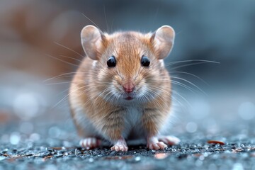 A delicate mouse is captured on a cool blue background, its tiny form contrasting with the frosty environment
