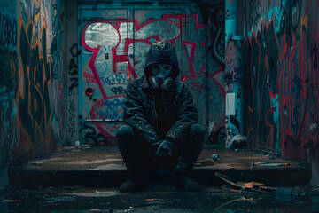 Graffiti Haven: Hushed Narratives from a Faceless Prowler Embodied in a Twilight Cityscape - obrazy, fototapety, plakaty