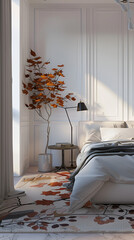 Minimalist Bedroom Design with White Walls and Autumn Carpet