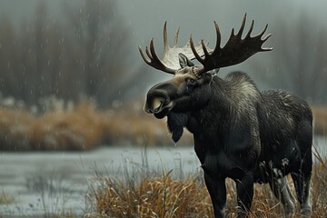 This captivating image shows a powerful moose amidst a rainy backdrop, highlighting the beauty of wildlife in its natural habitat - obrazy, fototapety, plakaty