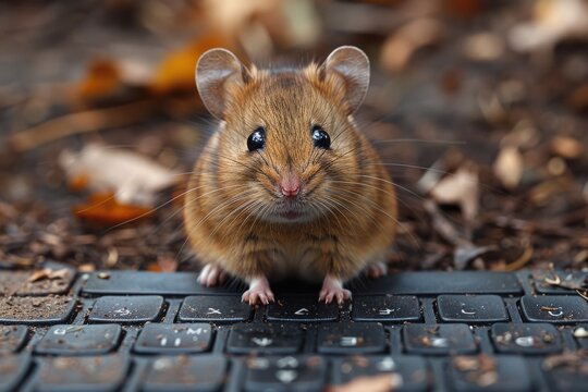 An endearing image of a small mouse perched on a black keyboard amidst fallen leaves, showcasing a blend of technology and nature