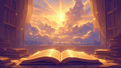 An open Bible with rays of light emanating from it, set against the backdrop of an idyllic landscape at sunrise.  - obrazy, fototapety, plakaty