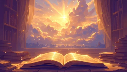 Fototapeten An open Bible with rays of light emanating from it, set against the backdrop of an idyllic landscape at sunrise.  © Photo And Art Panda