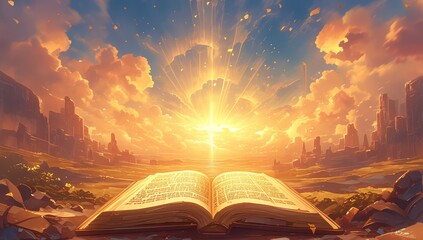 An open Bible with rays of light emanating from it, set against the backdrop of an idyllic landscape at sunrise. 