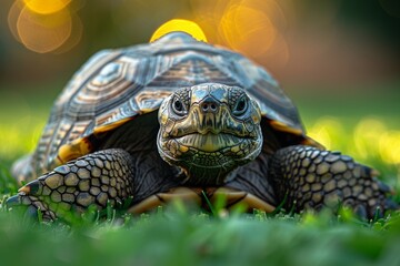 Obraz premium A serene turtle in green grass with soft sunlight creating a beautiful bokeh in the background