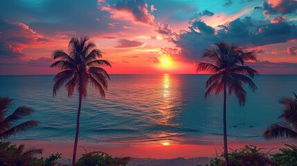 Fototapeta na wymiar Palm Trees Silhouettes On Tropical Beach At Sunset - Modern Vintage Colors