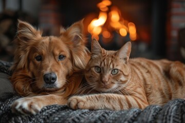 Warm-toned image of a relaxed orange tabby cat lounging comfortably by a cozy, blurred fireplace backdrop
