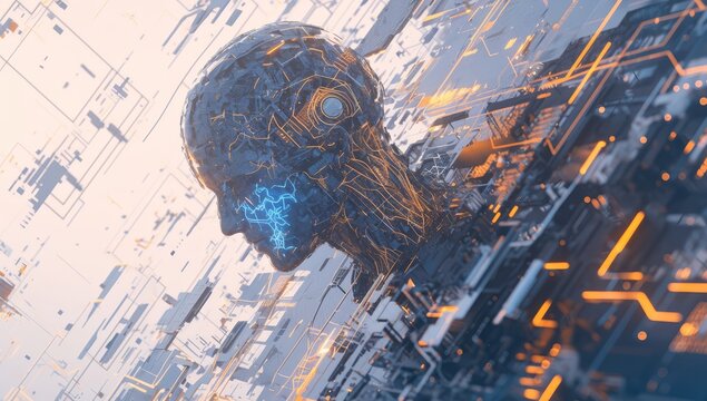 Artificial Intelligence concept with a human head made of a circuit board and digital elements