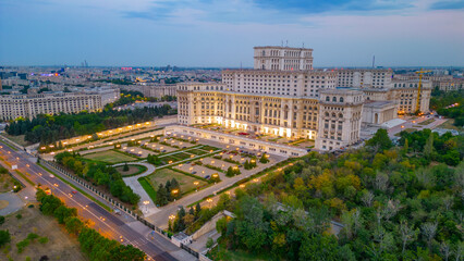 Sunset panorama view of the Romanian parliament in Bucharest