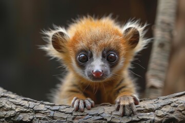 Obraz premium A captivating image of a baby lemur with round, curious eyes, gripping the bark of a tree with tiny hands