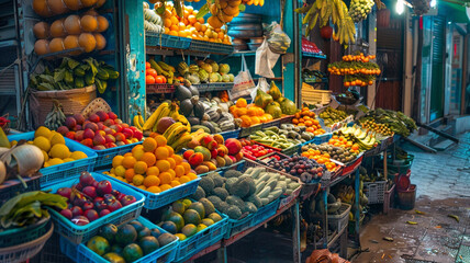A vibrant market stall filled with fresh fruits and vegetables. - obrazy, fototapety, plakaty