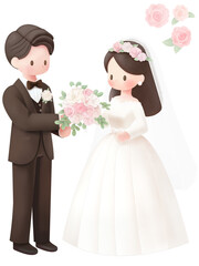 ブライダルイラスト(ブーケを持つ新郎新婦)ミニチュア風