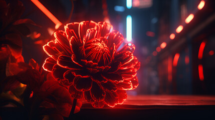 Vibrant Red Flower Illuminated by Neon Lights in 8K Octane Render