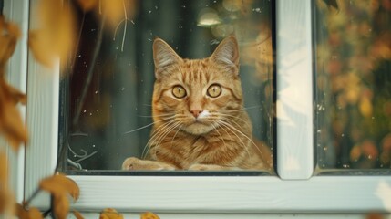 Cute Ginger cat siting on window waiting AI generated - obrazy, fototapety, plakaty