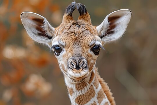 Fototapeta The young giraffe's face displays a compelling innocence and curiosity, with distinct markings adorning its features