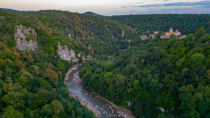 Sunset view of Motsameta monastery in Georgia