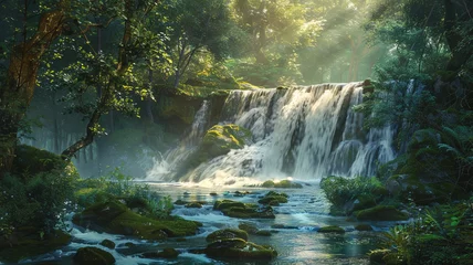 Foto auf Acrylglas Antireflex A cascading waterfall surrounded by lush green foliage in a serene forest. © CREATER CENTER
