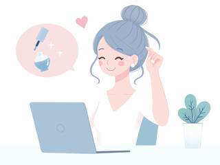 おしゃれなデスクで快適なテレワークをする女性(ネイル、ピアス、髪型自由)イラスト