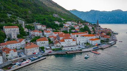 Fototapeta na wymiar Sunrise aerial view of Perast in Montenegro