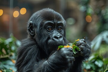 Engrossed monkey feasting on flower petals with warm bokeh light background - obrazy, fototapety, plakaty