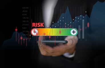 Human hand touching on risk management and assessment for business investment concept. business,...