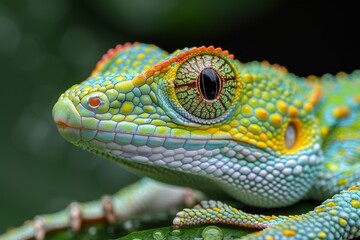 Fototapeta premium A macro shot reveals the intricate patterns and vibrant colors of an exotic green chameleon