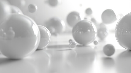 Few small white spheres flying in a white space, spheres with matte texture.