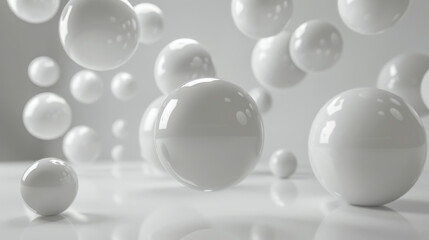 Few small white spheres flying in a white space, spheres with matte texture.