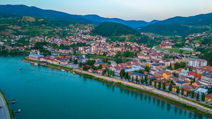 Naklejka na ściany i meble Sunrise panorama view of Bosnian town Visegrad