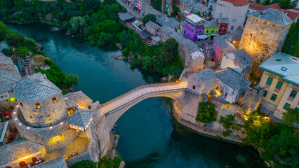 Sunset view of the old Mostar bridge in Bosnia and Herzegovina
