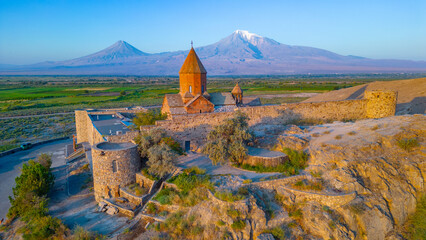 Sunrise view of Khor Virap Monastery standing in front of Ararat moutain in Armenia
