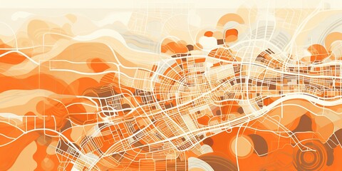 Orange and white pattern with a Orange background map lines sigths and pattern with topography sights in a city backdrop