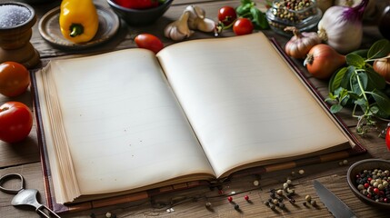 A blank cook book featuring free copy space for recipes and adorned with images of vegetables,...