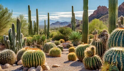 A captivating composition featuring a diverse collection of cactus plants - obrazy, fototapety, plakaty