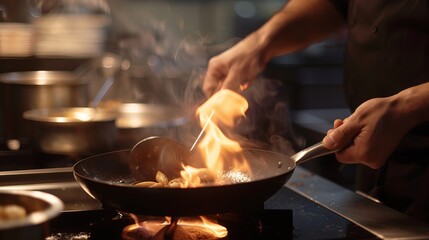 A close-up view of a chef's hands cooking food or frying pan in the kitchen, illustrating the...