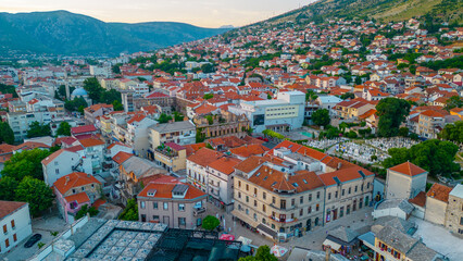 Fototapeta na wymiar Sunrise aerial view of the old town of Mostar, Bosnia and Herzegovina