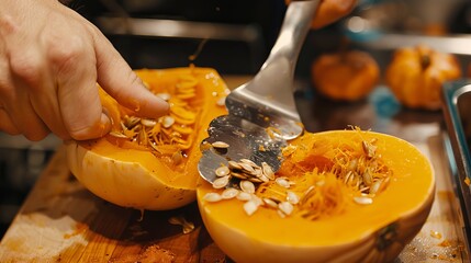 Remove the seeds from a raw butternut squash cut in half using a metal spoon. Cooking techniques and preparation of fresh vegetable ingredients. --ar 16:9 Job ID: 81d79e85-8820-4871-a049-155244f9bc38 - obrazy, fototapety, plakaty