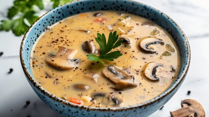 blue bowl with mushroom soup, colors are vibrant and soup  
