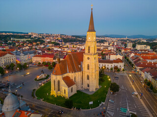 Sunset aerial view of Piata Unirii square in Cluj-Napoca, Romania