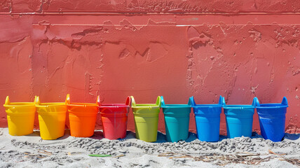 A colorful row of beach toys and buckets on a sandy shore.