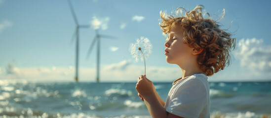 Dreamy boy blowing on a white dandelion, standing near the ocean. Wind turbines working in the background. Concept of clean energy, eco-friendly technology, sustainable future. - Powered by Adobe
