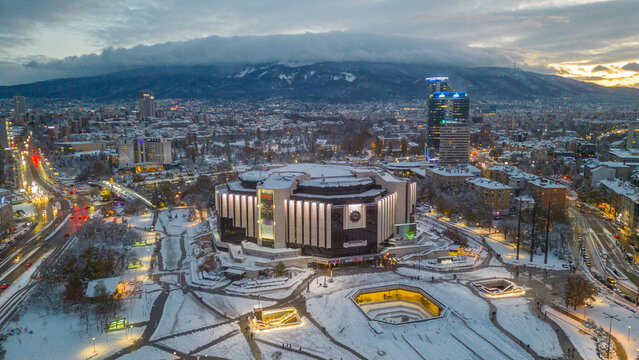 Winter night view of the National Palace of Culture in Sofia, Bulgaria
