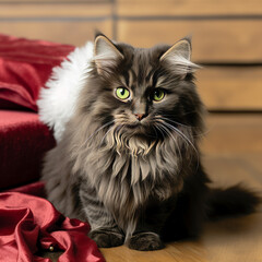 Fluffy Gray Cat with Christmas Santa Hat

